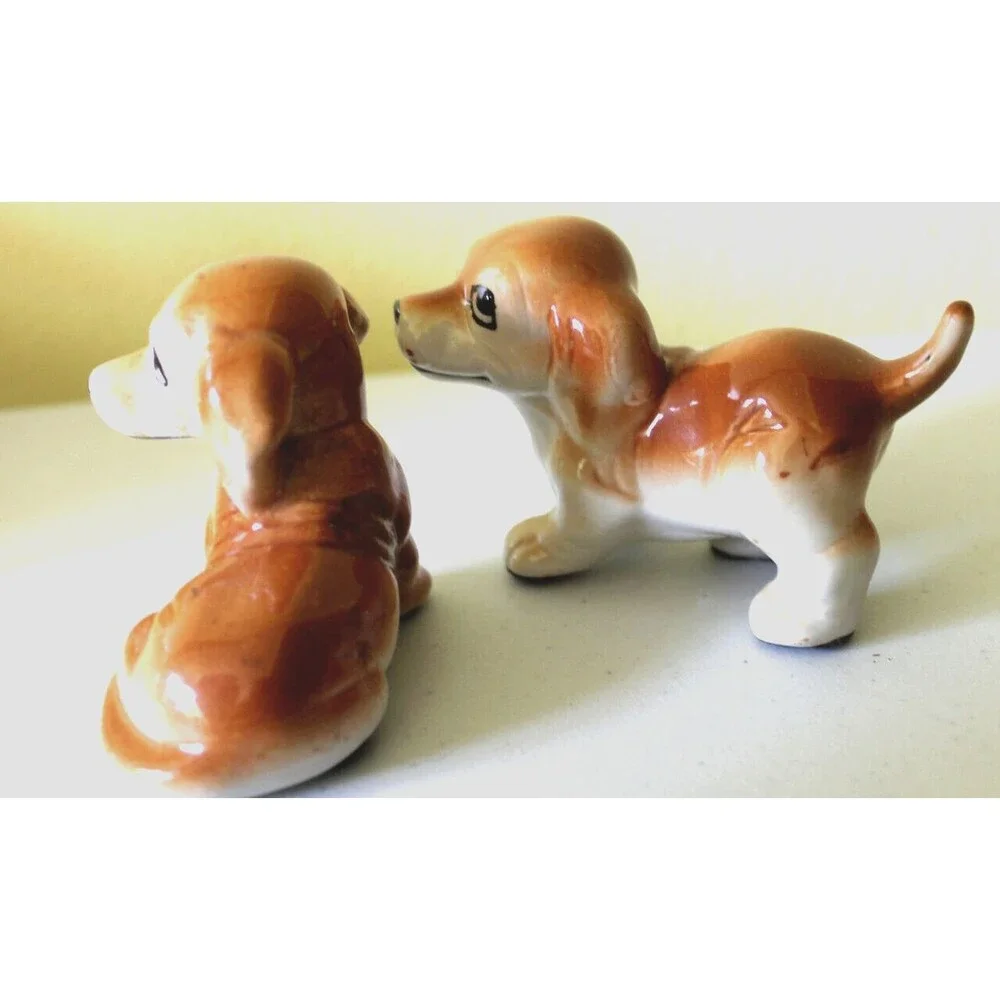 VTG Porcelain Docile Puppy Dog Pair Figurine White & Tan Mini 2.5